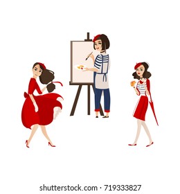 French women characters with typical symbols of France - painting, fashion, wine and chesse, flat cartoon vector illustration isolated on white background. Typical French people, women, characters