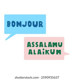 French word - Bonjour and Arabic word - Assalamu Alaikum. English meaning - hello. Bilingual translation concept. Vector illustration on white background