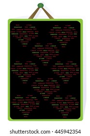 French words in a shape of a hearts written on a black pad with green frame