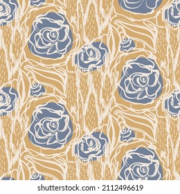 French yellow blue floral linen seamless pattern with 2 tone country cottage style botanical motif. Simple vintage rustic fabric textile effect. Primitive modern shabby chic design.