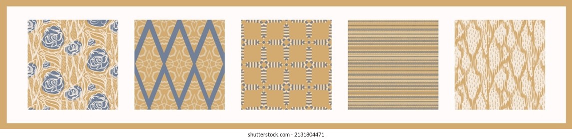 French yellow linen seamless pattern set. Tonal farmhouse cottage style background. Simple vintage rustic fabric textile effect. Primitive modern shabby chic kitchen cloth design group. 