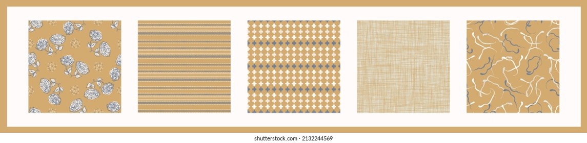 French yellow linen seamless pattern set. Tonal farmhouse cottage style background. Simple vintage rustic fabric textile effect. Primitive modern shabby chic kitchen cloth design group. 