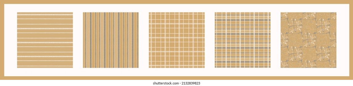 French yellow linen seamless pattern set. Tonal farmhouse cottage style background. Simple vintage rustic fabric textile effect. Primitive modern shabby chic kitchen cloth design group. 