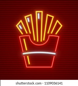 French-fried potatoes in paper cup neon icon for fast food sign. EPS10 vector illustration.