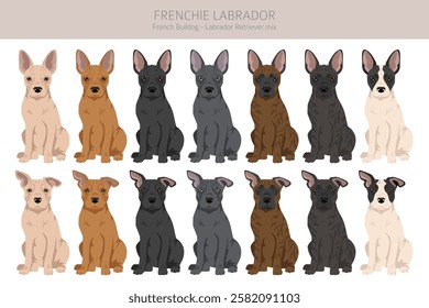 Frenchie Labrador clipart. French Bulldog - Labrador Retriever mix. All possible coat colors, breed information, adults and puppies.  Vector illustration