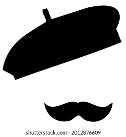 Frenchman with beret and mustache, in traditional french clothes and old, vintage, retro style, vector, illustration, in black and white color, isolated on white background