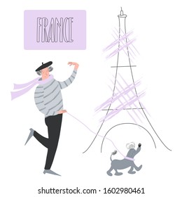 Frenchman with curly hair in a black beret, a long scarf and a striped shirt takes a walk with his poodle dog in Paris. Travel to France. French holidays. Sightseeing in Paris. Vector illustration