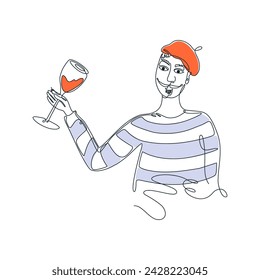 Frenchman with glass of wine. Stereotype outfit with beret and striped long sleeve. Line art drawing human portrait. Sommelier, cute character for card, banner, menu. Hand drawn vector illustration.