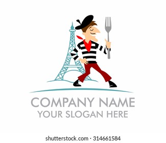 Frenchman paris with fork near eiffel tower cartoon character