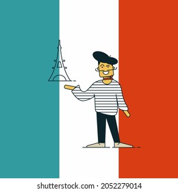 The Frenchman stands in a beret against the background of the flag of France and points to the Elven Tower 
