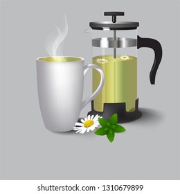 Frenchpress with mint and daisy hot