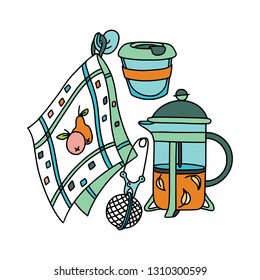 French-press, tea infuser and dish towel. Doodle illustration. Fabric print pattern, stationery and wrapping.