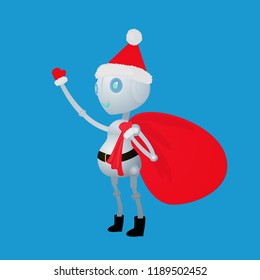 Frendly happy Santa robot with a big gift bag, christmas suit, hat greets all in a Christmas day. Vector illustration.