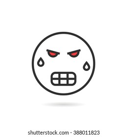 frenzied thin line emoji icon with shadow. concept of hate, rage, wicked, mad, bad, furious, sense, grumpy, depression. flat style trend modern logotype design vector illustration on white background