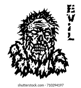 Frenzy evil demon head. Vector illustration. Black and white colors. Genre of horror. Scary character evil face.