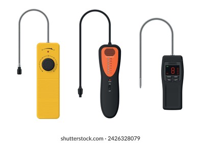Prueba del detector de fugas de freón localice el conjunto de indicadores de mano del sistema técnico ilustración vectorial realista. Dispositivo infrarrojo de refrigeración sensible para encontrar gases que escapan de la temperatura de enfriamiento de la alarma