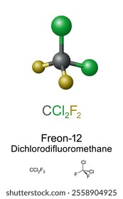 Freon-12, Dichlorodifluoromethane, R-12, molecule model and chemical formula. Chlorofluorocarbon halomethane, CFC, used as refrigerant and aerosol spray propellant. Banned due to ozone layer damaging.