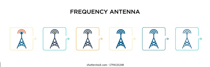 Frequency Antenne Vektorsymbol in 6 verschiedenen modernen Stilen. Schwarze, zweifarbige Antennensymbole, die im vollen, Umriss-, Linien- und Strichstil konstruiert sind. Vektorgrafik kann für Web, 