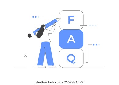 Frequency asked questions and helpdesk. Character contacting with helpdesk service, asking questions and receiving answers. Flat Cartoon Vector Illustration, icon. Stylish abstract