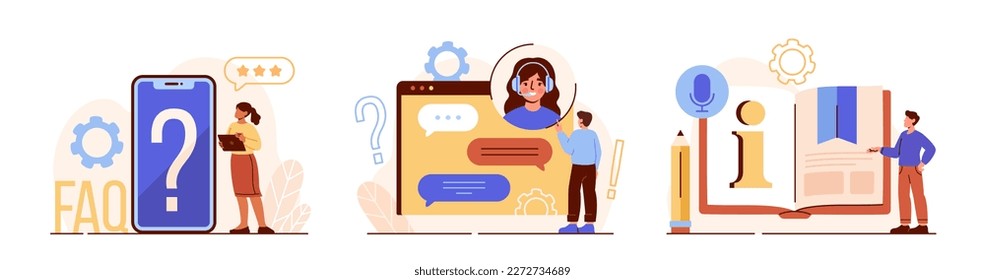 Frequency asked questions set. People contacting with helpdesk service. Customer support and feedback. Hotline operators and guidance. Cartoon flat vector illustrations isolated on white background