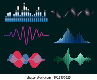  Frequency audio waveform, music wave HUD interface elements, voice graph signal. Vector audio electronic color wave set. Vector illustration. Eps 10.