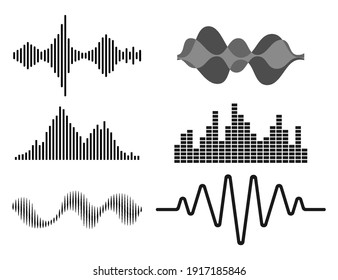 Frequency audio waveform, music wave HUD interface elements, voice graph signal. Vector audio electronic wave set. Vector illustration. Eps 10.