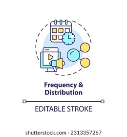 Icono de concepto de frecuencia y distribución. Canal de medios sociales. Contenido digital. Calendario editorial. Publicar ilustración de línea delgada de idea abstracta en línea. Dibujo de contorno aislado. Trazo editable