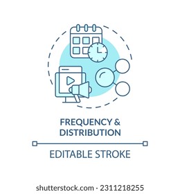 Icono de concepto turquesa de frecuencia y distribución. Canal de medios sociales. Calendario editorial. Publicar ilustración de línea delgada de idea abstracta en línea. Dibujo de contorno aislado. Trazo editable