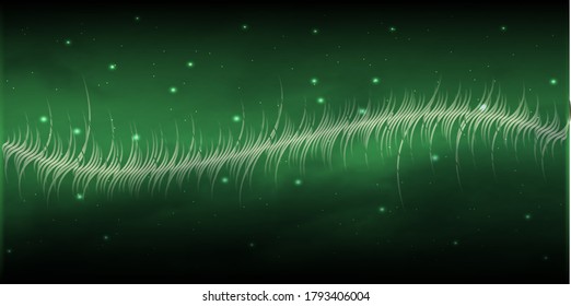 Frequency of the green sound wave on a black background with grid. Neon. Music waves. Stock vector illustration.	