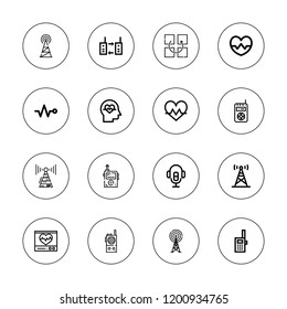 Frequency icon set. collection of 16 outline frequency icons with antenna, cardiogram, displace, walkie talkie, walkie icons.