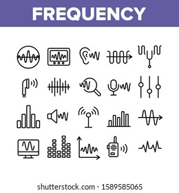 Frequency Pulse Wave Collection Icons Set Vector Thin Line. Microphone And Ear, Radio And Dynamic With Frequency Cardiogram Concept Linear Pictograms. Monochrome Contour Illustrations