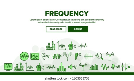 Frequency Pulse Wave Landing Web Page Header Banner Template Vector. Microphone And Ear, Radio And Dynamic With Frequency Cardiogram Illustration