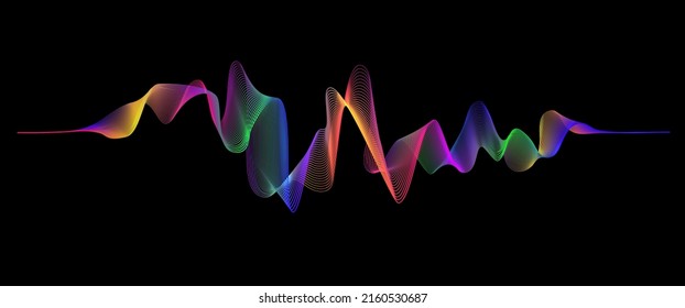 Frequency sound waveform, voice graph signal. Electronic multicolored waves. Voice recognition concept. Vector illustration on black background.