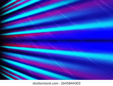 Tecnologia de frequência, luz moderna abstrata e conceito de som, design vetorial. Frequência digital com movimento de onda agitada, linhas curvas que se movem em cores vívidas velocidade luz laser raios fundo.