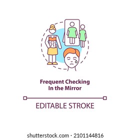Frequent checking in the mirror concept icon. Body dysmorphic disorder abstract idea thin line illustration. Isolated outline drawing. Editable stroke. Roboto-Medium, Myriad Pro-Bold fonts used