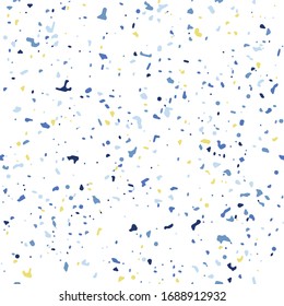 Frequent terrazzo pattern of blue interspersed with yellow fragments on a white background, seamless vector illustration.