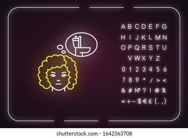 Icono frecuente de la luz de neón al orinar. Síntoma temprano del embarazo. Mujer pensando en el baño. Efecto luminoso exterior. Signo con alfabeto, números y símbolos. Ilustración de color RGB aislada por vectores