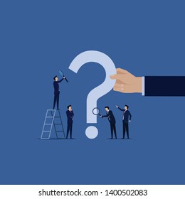 Frequently Asked Question. Business team search with magnify on the question marks. Illustration For Wallpaper, Banner, Background, Book Illustration, And Web Landing Page.