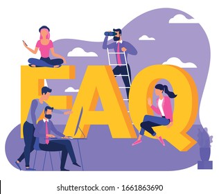 Häufig gestellte Fragen hellrosa und orangefarbenes Illustrationskonzept von jungen Menschen, die an der Problemlösung arbeiten. Flaches Design für Männer und Frauen, Sitzen, Stehen und Arbeiten.