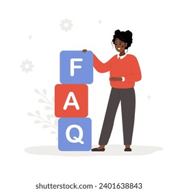 Frequently asked questions concept. African woman with large cubes with letters FAQ. Customer support and online help desk service. Vector illustration in flat cartoon style.