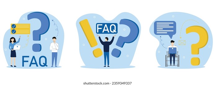 Frequently asked questions concept. The characters stand near an exclamation point and a question mark, ask questions and receive answers. People with disabilities.Vector illustrations set.