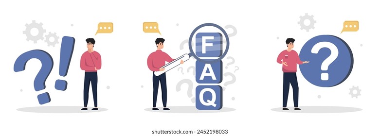 Frequently asked questions concept. The characters stand near an exclamation point and a question mark, ask questions and receive answers. People with disabilities. Vector illustrations set.