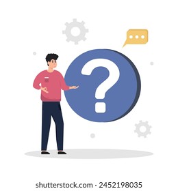Concepto de Preguntas frecuentes. Los personajes se colocan cerca de un signo de exclamación y un signo de interrogación, hacen preguntas y reciben respuestas. Personas discapacitadas. Ilustraciones vectoriales.