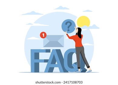 Frequently Asked Questions concept, customer service, businesswoman saying in message bubble and holding big blue question mark next to FAQ lettering vector illustration for website.