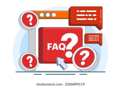 frequently asked questions concept, FAQ when contacting support. User asking question in support chat. reading user manual. contact us, manual, faq, question, answer. flat vector.