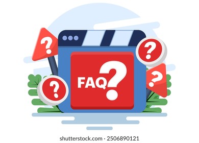 frequently asked questions concept, FAQ when contacting support. User asking question in support chat. reading user manual. contact us, manual, faq, question, answer. flat vector.