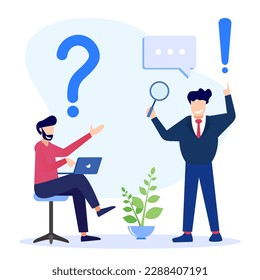 Frequently Asked Questions Concept Flat Style Vector Illustration. People Character Standing near Exclamation and Question Mark. Characters Ask Questions and receive Answers.