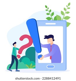 Preguntas más frecuentes Concepto Ilustración de vectores de estilo plano. Personajes de la gente parados cerca de la exclamación y el signo de interrogación. Los personajes hacen preguntas y reciben respuestas.
