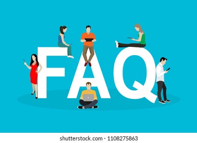 Frequently asked questions concept illustration of young people standing near letters and using smart phone, laptop and digital tablet. Flat women and men with letters symbols faq on blue background