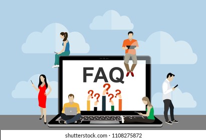 Frequently asked questions concept illustration of young people standing near letters and using smart phone, laptop and digital tablet. Flat women and men with letters symbols faq 